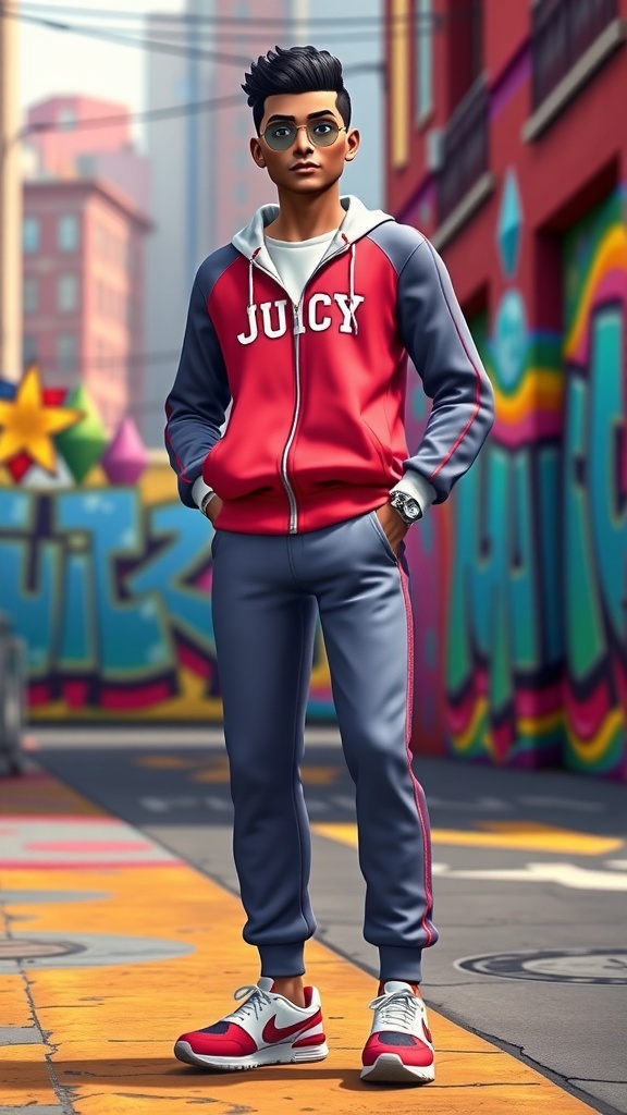 Sims 4 character in a Juicy Tracksuit in an urban setting.